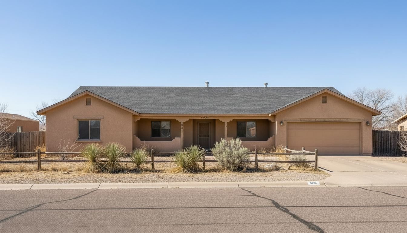 The same Albuquerque home with a new asphalt shingle roof, clean lines and no visible damage
