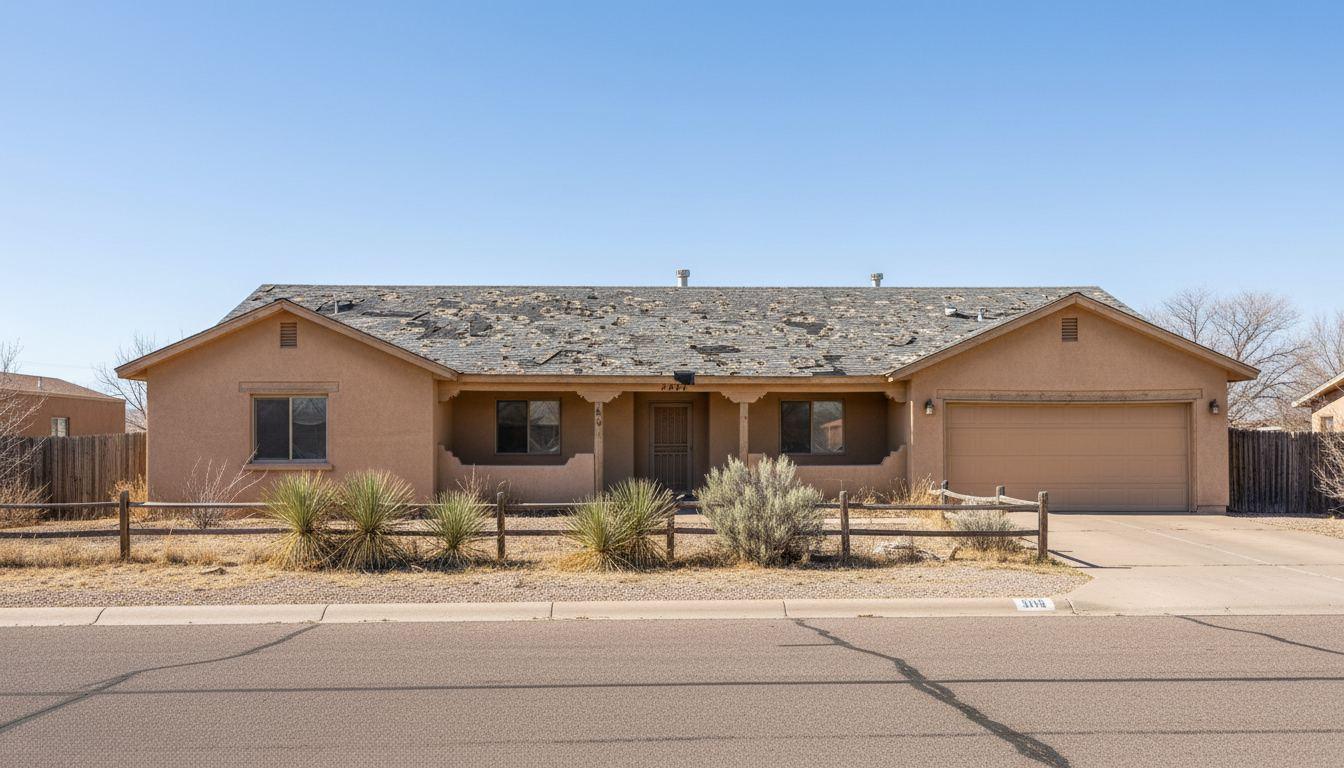A sun-damaged asphalt shingle roof in Albuquerque with cracked, curling shingles and missing patches