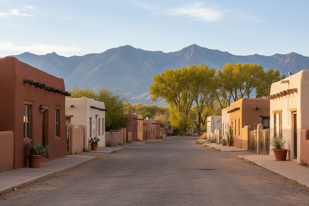 Adobe and stucco homes along the Rio Grande valley in Belen, New Mexico