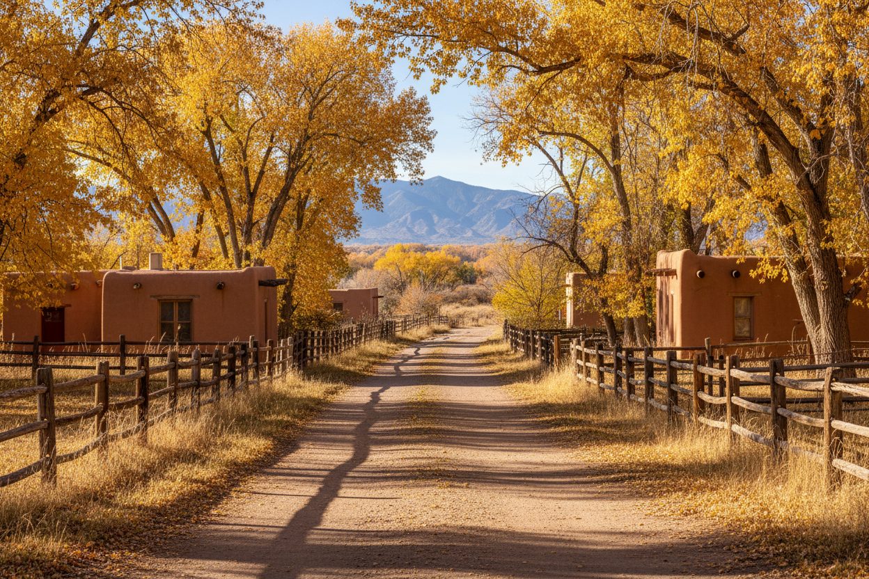 A rural lane of adobe homes beside the cottonwood bosque in Corrales, New Mexico