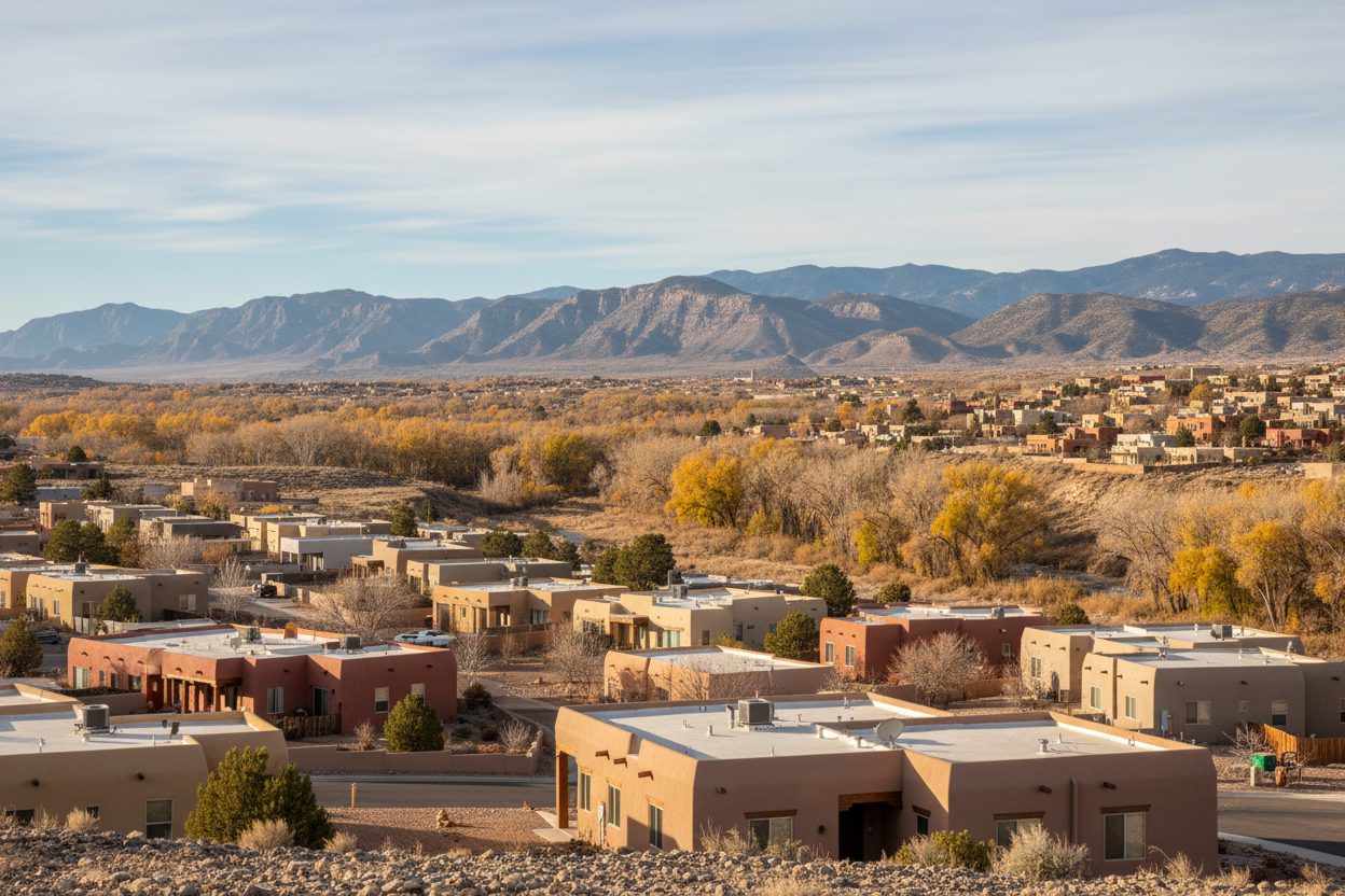 A neighborhood of stucco homes with mixed flat and pitched roofs in Los Lunas, New Mexico