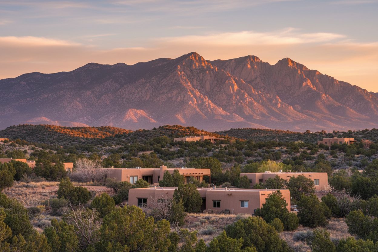 Adobe homes on the foothills of Placitas, New Mexico, below the Sandia Mountains