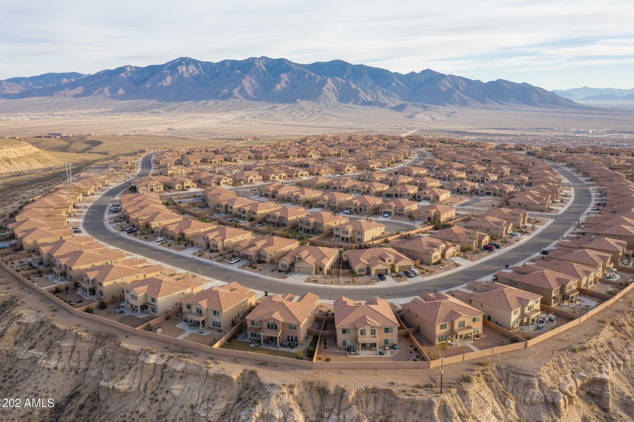 A mesa-top subdivision of stucco homes with pitched roofs in Rio Rancho, New Mexico