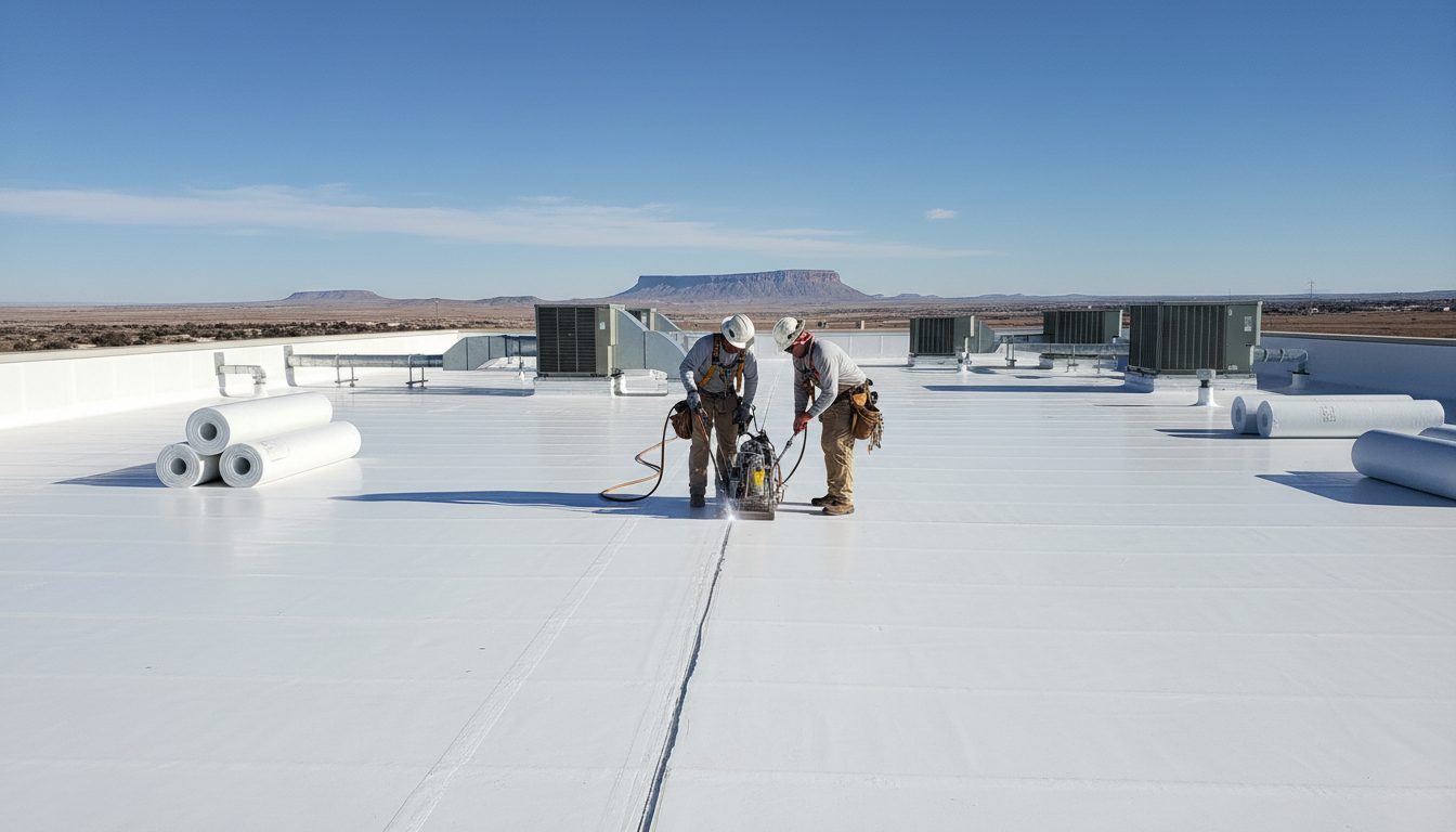 Two roofers heat-welding seams on a white TPO membrane across a large flat commercial roof in Albuquerque with rooftop HVAC units behind them