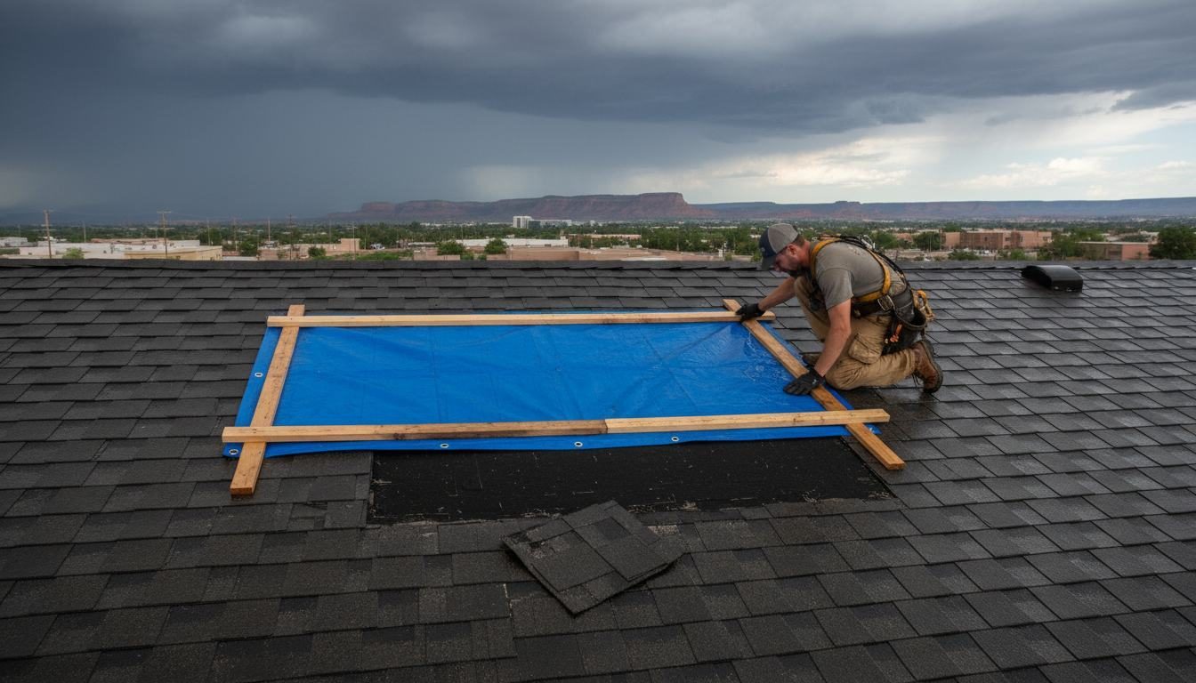 Roofer securing a battened-down blue tarp over a storm-damaged patch of an Albuquerque shingle roof under dark monsoon clouds
