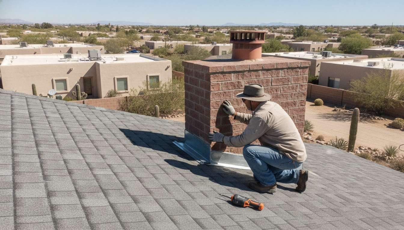 Roofing contractor crouched beside a brick chimney on an Albuquerque shingle roof checking the metal step flashing