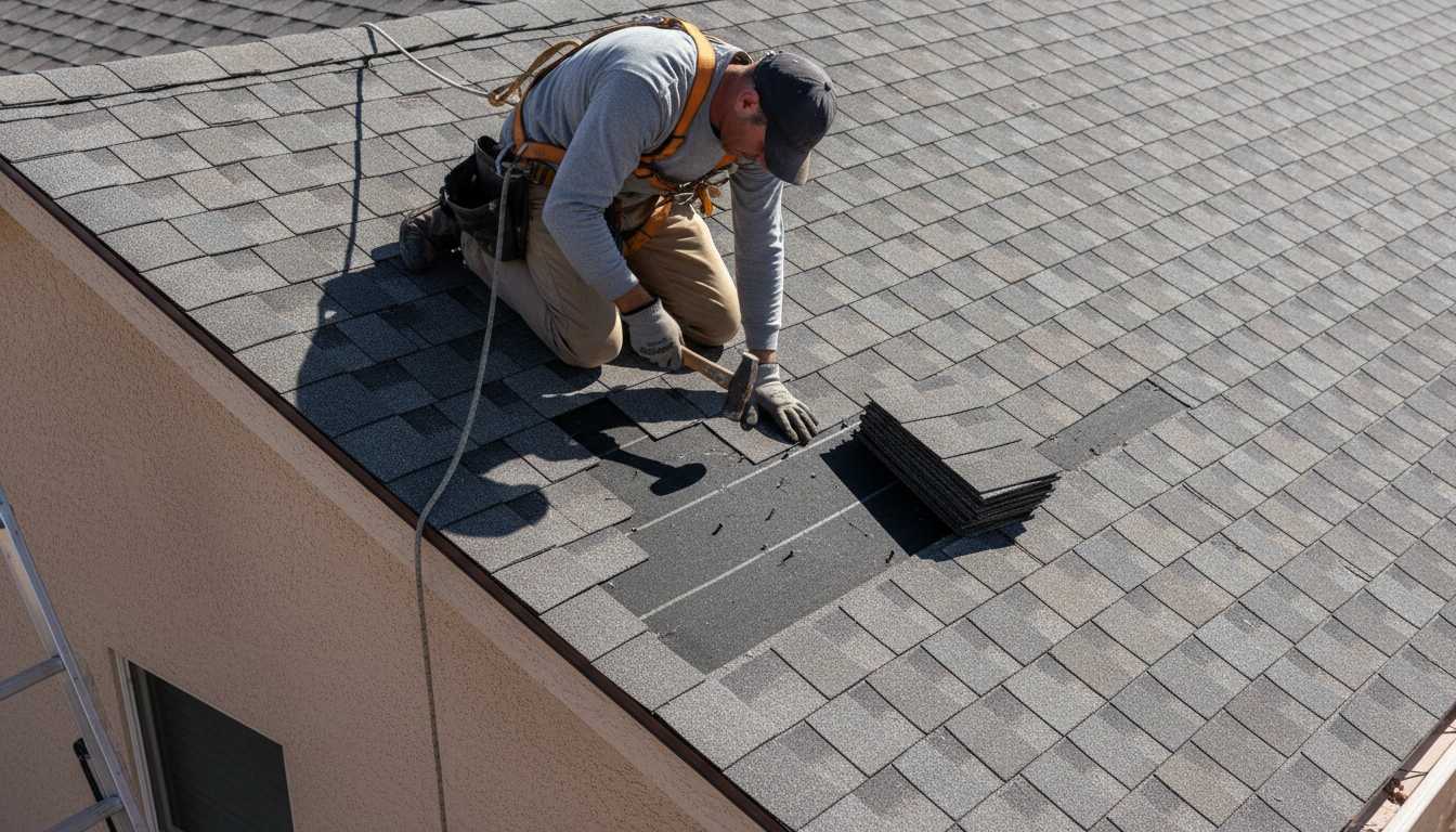 Roofer in a safety harness hand-nailing a replacement shingle over exposed underlayment on an Albuquerque asphalt shingle roof