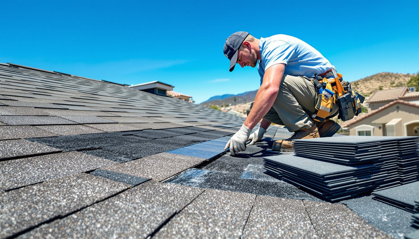 A roofer kneeling side-on across a pitched asphalt shingle roof, setting a full-length replacement shingle strip into a repair patch, with a stack of shingle strips beside him