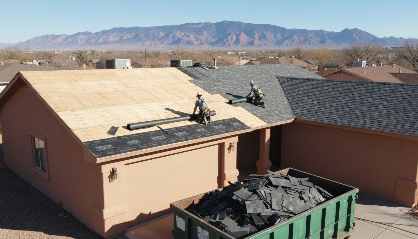 Aerial view of an Albuquerque home mid roof replacement with one section stripped to plywood decking and the other finished in new architectural shingles