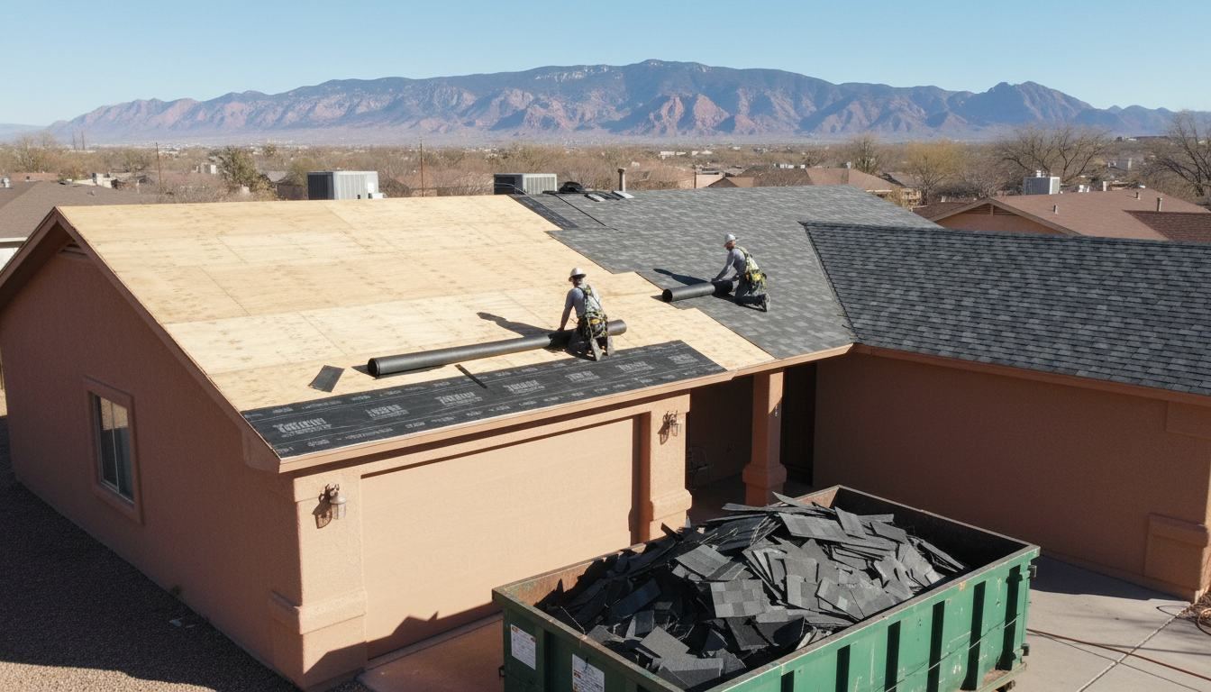 Aerial view of an Albuquerque home mid roof replacement with one section stripped to plywood decking and the other finished in new architectural shingles