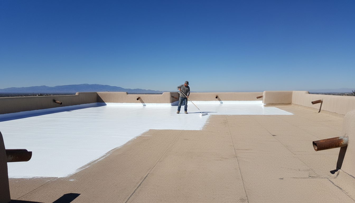 Contractor rolling bright white elastomeric coating across the flat foam roof of a pueblo-style Albuquerque home, half the roof already coated